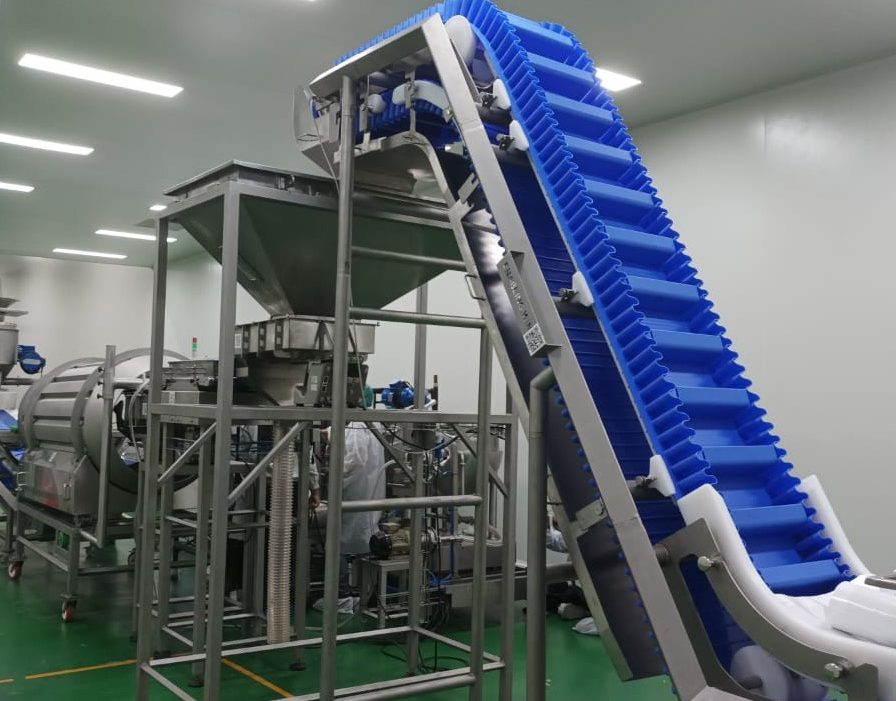 Inclined hygienic conveyor in a food plant Inclined hygienic conveyor in a food plant